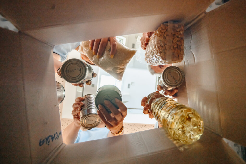 Healthy food ingredients and grocery supplies associated with stress reduction and wellness.