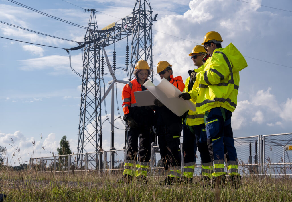 Utility workers wearing safety gear reviewing plans near high-voltage power lines and electrical infrastructure.