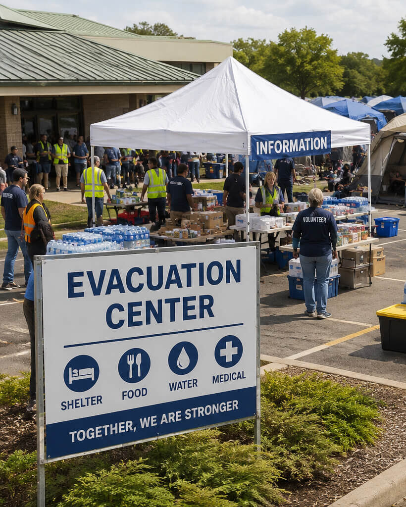 Emergency evacuation center providing resources and support during disaster response efforts.