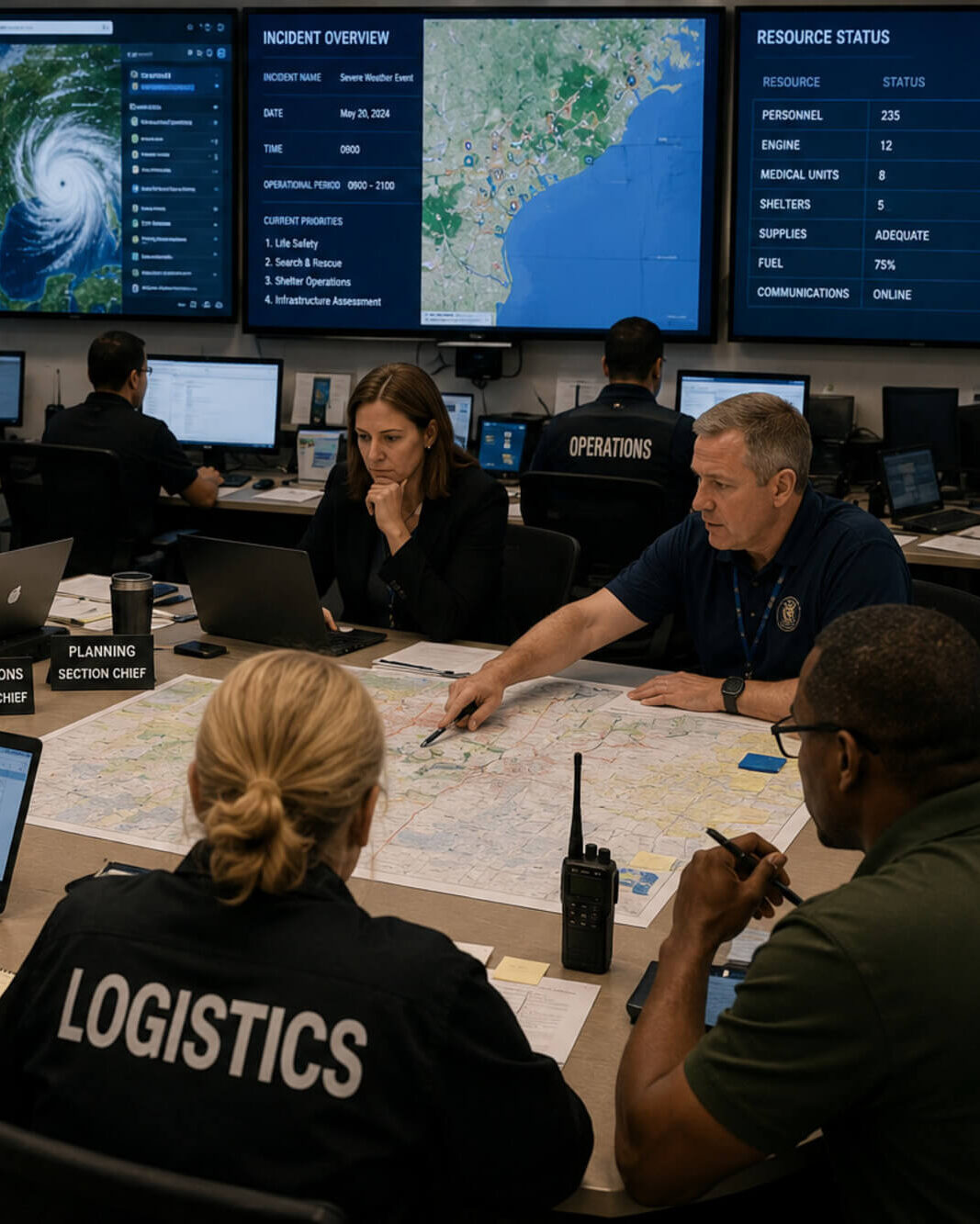 Emergency operations personnel collaborating around a table in a command center with weather maps and status displays on large monitors.